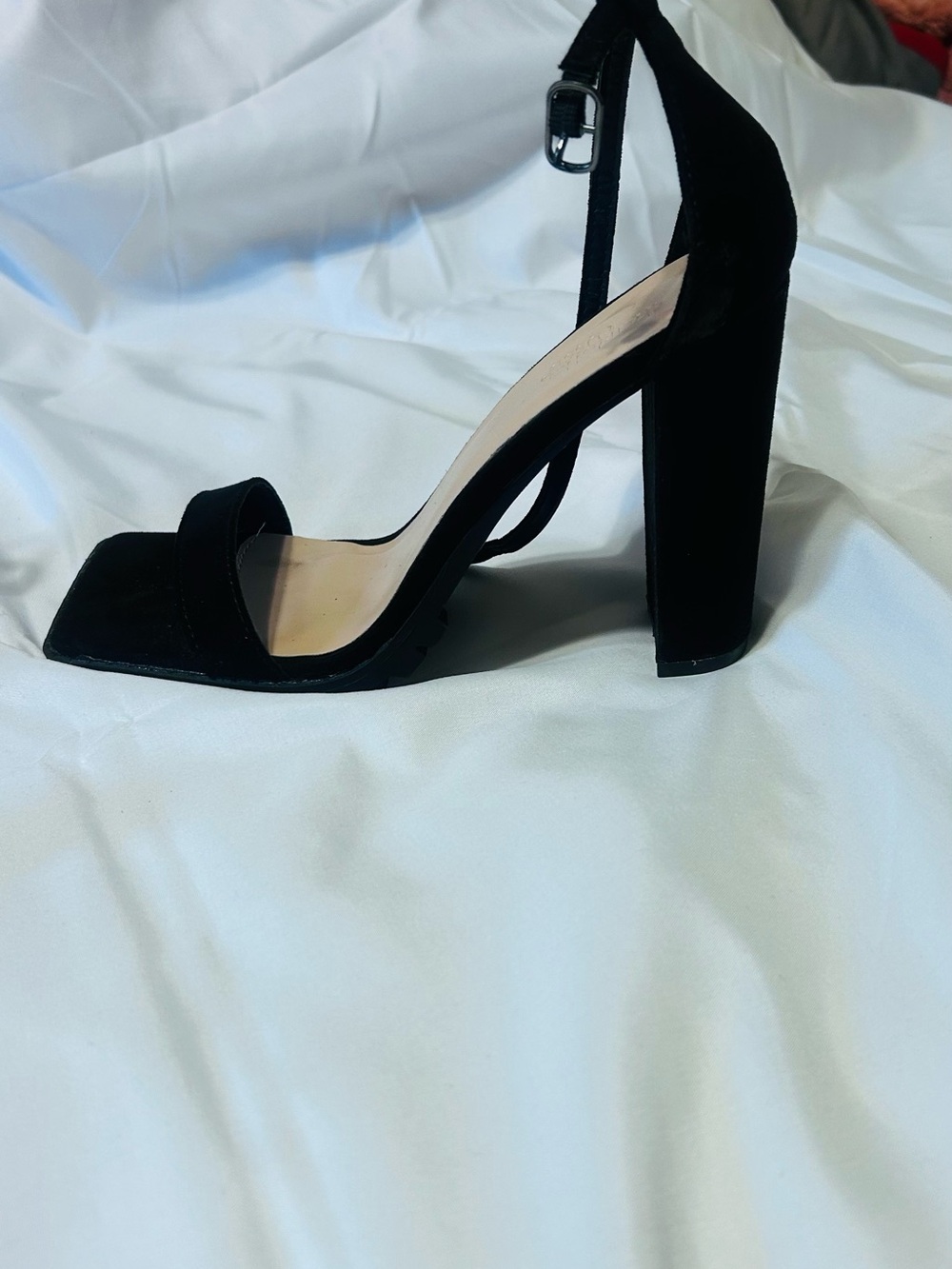 Charlotte Russe Black Velvet Block Heel Sandal with Ankle Strap